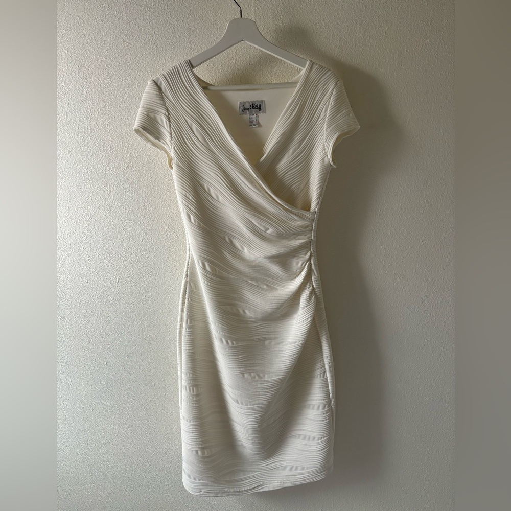 Joseph Ribkoff White Ruched V-Neck Faux Wrap Dress
